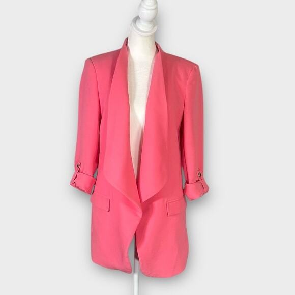 Zara Open Front Blazer Small Pink Rolled 3/4 Sleeves Oversized Cascade Neck - Picture 3 of 13